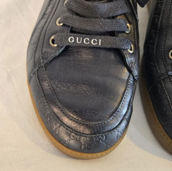 Gucci Men's Size 8C Blue Leather Logo Low Top Trainer Sneakers Shoes EUC - Picture 3 of 8